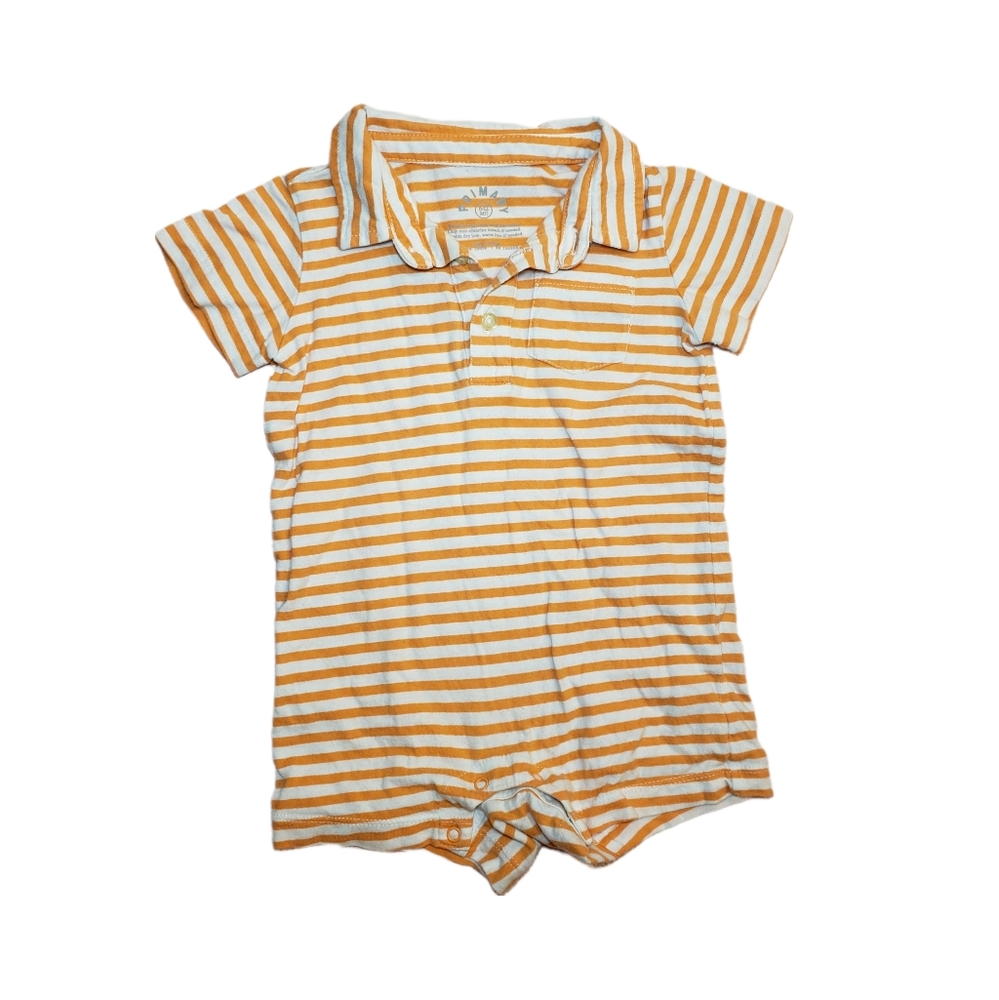 Primary 6-12m Baby Orange and White Striped Polo Shortall Romper